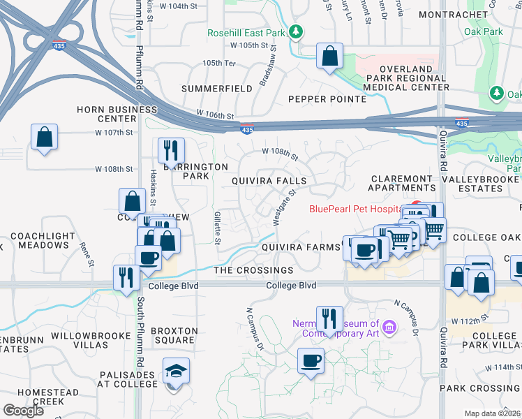 map of restaurants, bars, coffee shops, grocery stores, and more near 10921 Rosehill Road in Overland Park