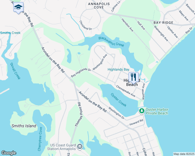 map of restaurants, bars, coffee shops, grocery stores, and more near 1183 Bay Highlands Drive in Annapolis