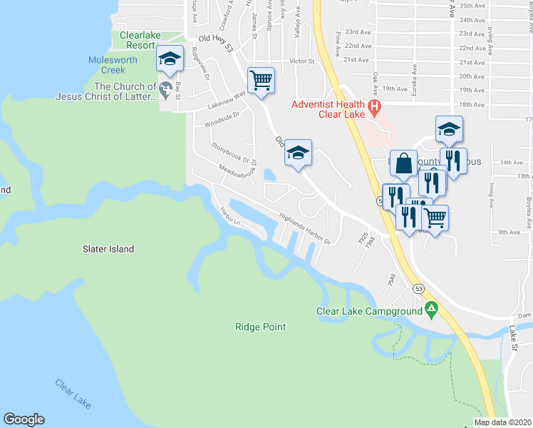 map of restaurants, bars, coffee shops, grocery stores, and more near 15295 Highlands Harbor Drive in Clearlake