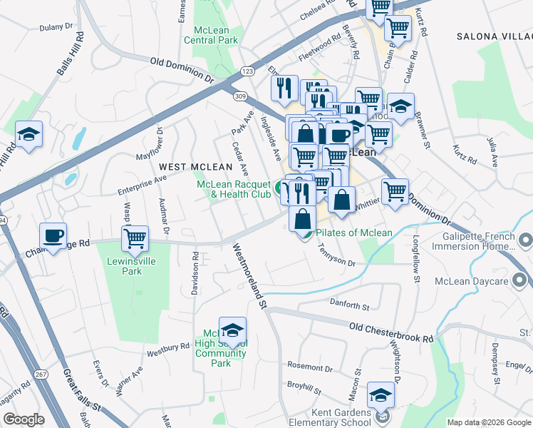 map of restaurants, bars, coffee shops, grocery stores, and more near 1531 Cedar Avenue in McLean