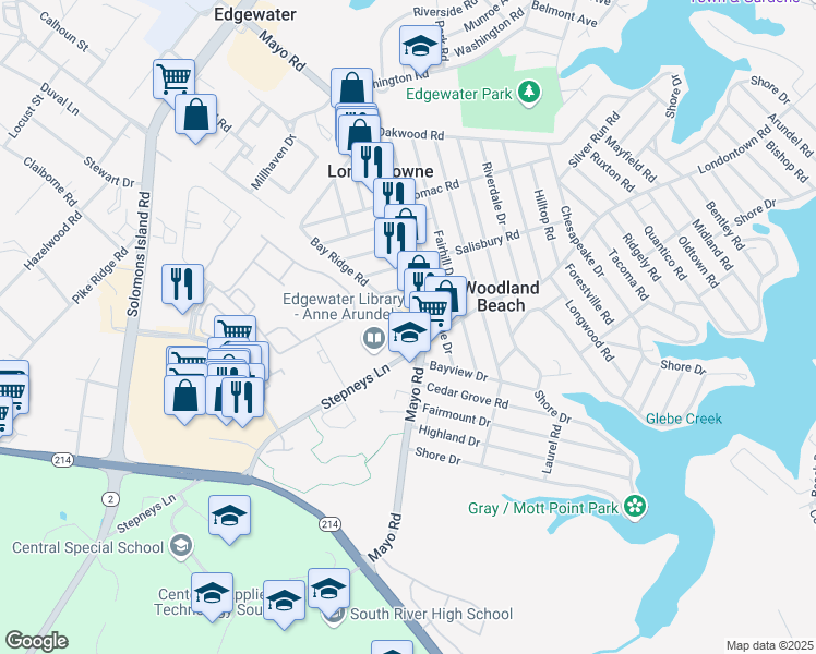 map of restaurants, bars, coffee shops, grocery stores, and more near 1666 Bay Ridge Road in Edgewater