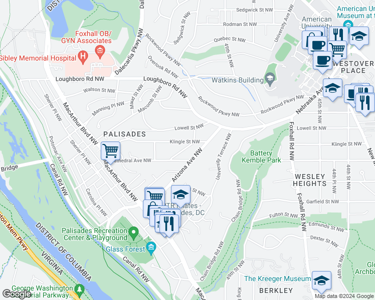 map of restaurants, bars, coffee shops, grocery stores, and more near 5024 Weaver Terrace Northwest in Washington