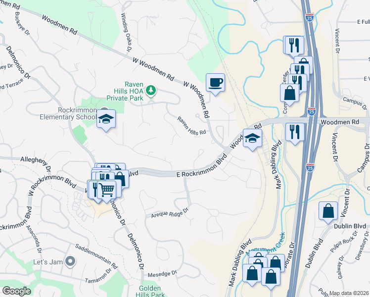 map of restaurants, bars, coffee shops, grocery stores, and more near 172 Mikado Drive East in Colorado Springs
