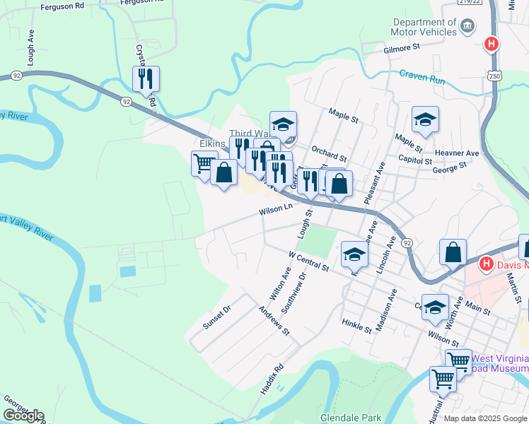map of restaurants, bars, coffee shops, grocery stores, and more near 107-199 Wilson Lane in Elkins