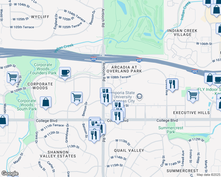 map of restaurants, bars, coffee shops, grocery stores, and more near 8601 West 108th Place in Overland Park