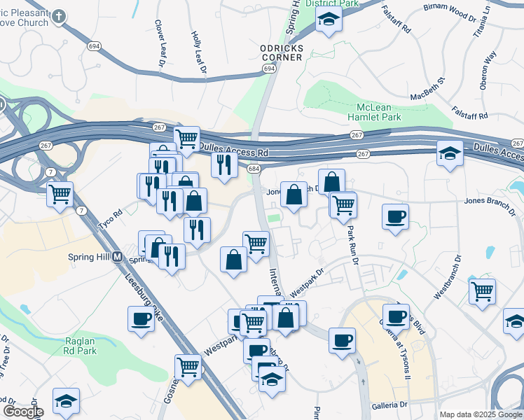 map of restaurants, bars, coffee shops, grocery stores, and more near 12599 Lincoln Lane in McLean