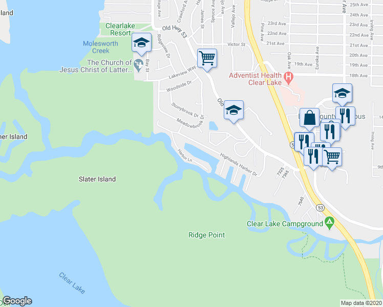 map of restaurants, bars, coffee shops, grocery stores, and more near 15198 Harbor Lane in Clearlake