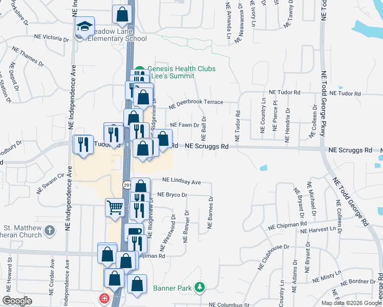 map of restaurants, bars, coffee shops, grocery stores, and more near 1013 Northeast Banner Street in Lee's Summit