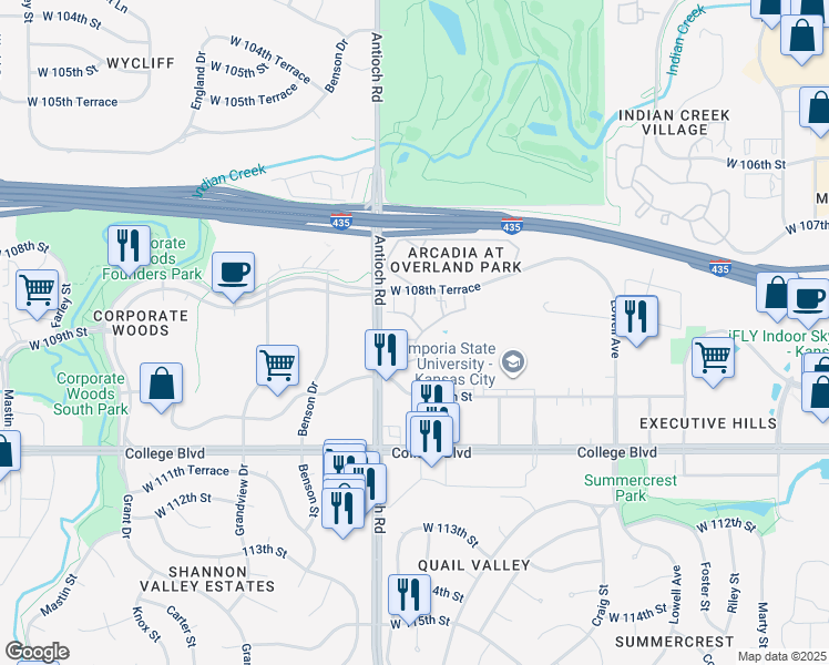 map of restaurants, bars, coffee shops, grocery stores, and more near 8601 West 108th Place in Overland Park