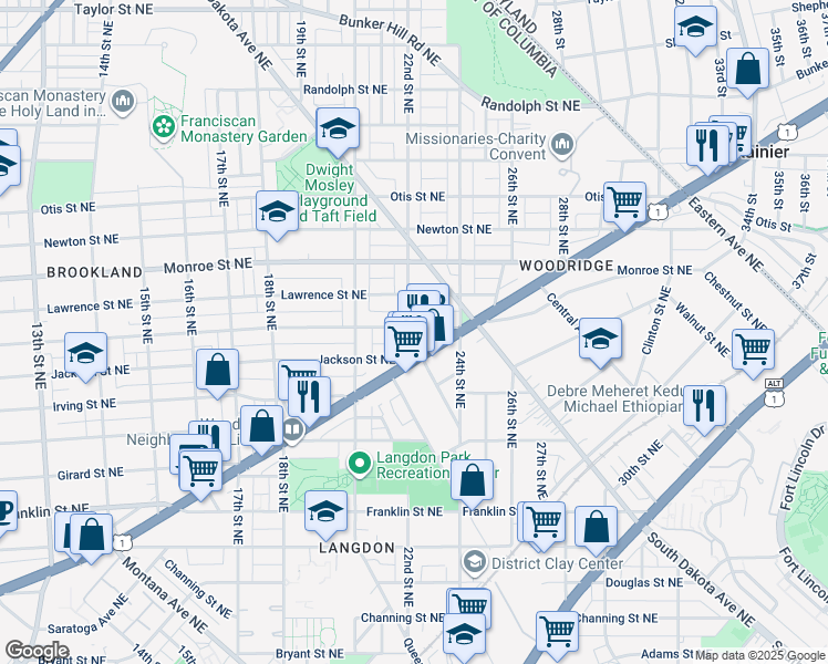 map of restaurants, bars, coffee shops, grocery stores, and more near 3211 22nd Street Northeast in Washington