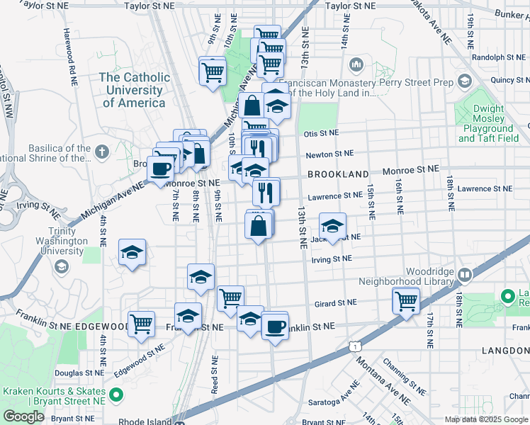 map of restaurants, bars, coffee shops, grocery stores, and more near 3311 12th St NE in Washington
