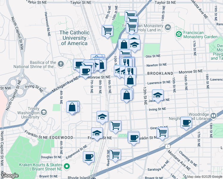 map of restaurants, bars, coffee shops, grocery stores, and more near 3317 9th Street Northeast in Washington