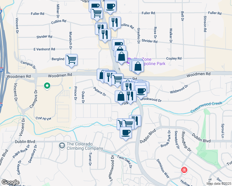 map of restaurants, bars, coffee shops, grocery stores, and more near 6930 North Academy Boulevard in Colorado Springs