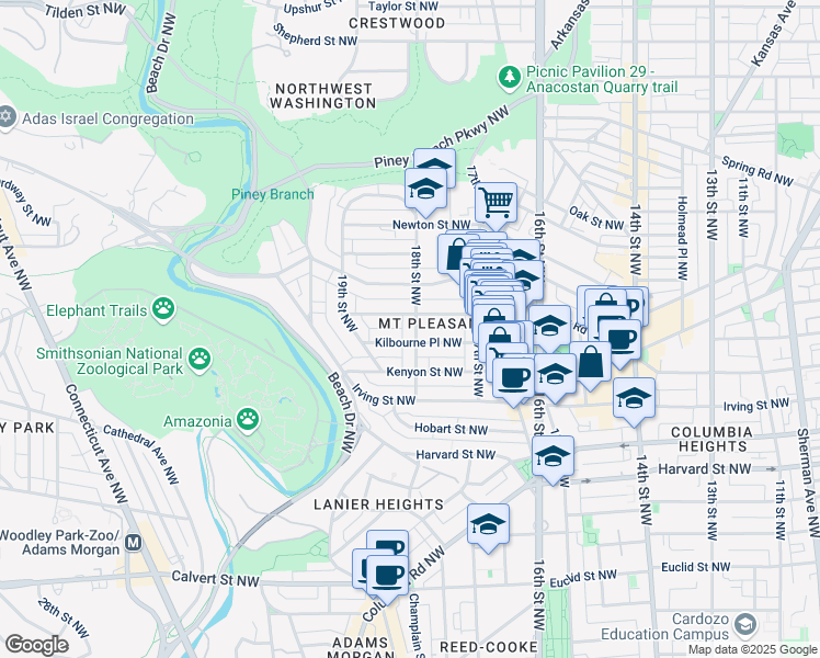 map of restaurants, bars, coffee shops, grocery stores, and more near 3168 18th Street Northwest in Washington