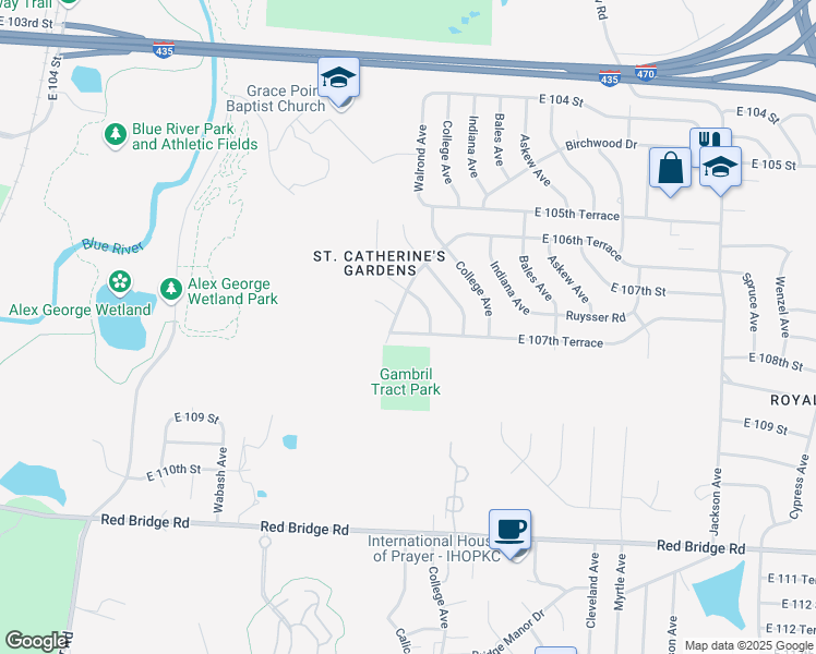 map of restaurants, bars, coffee shops, grocery stores, and more near 3004 East 107th Terrace in Kansas City
