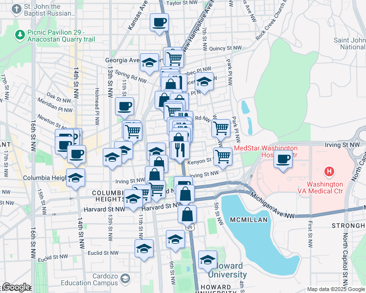 map of restaurants, bars, coffee shops, grocery stores, and more near 3223 U.S. 29 in Washington