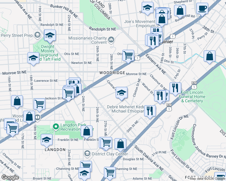 map of restaurants, bars, coffee shops, grocery stores, and more near 2650 Myrtle Avenue Northeast in Washington