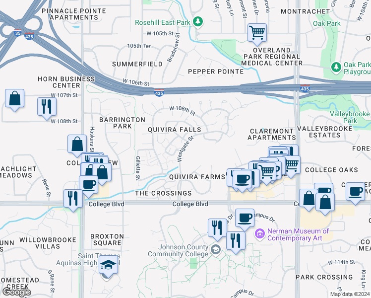 map of restaurants, bars, coffee shops, grocery stores, and more near 10959 Westgate Street in Overland Park