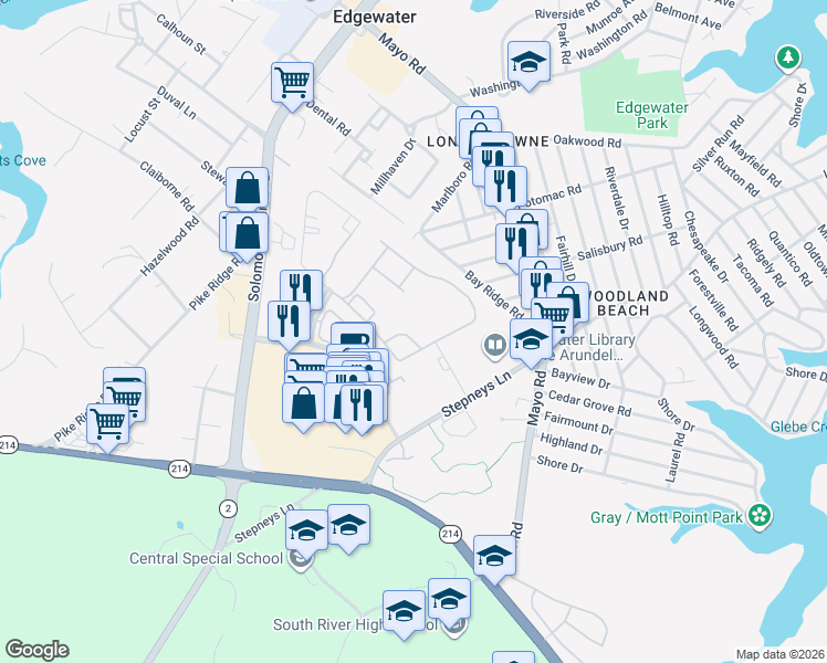 map of restaurants, bars, coffee shops, grocery stores, and more near 238 Gray Fox Court in Edgewater