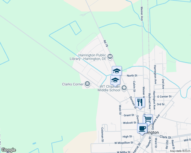 map of restaurants, bars, coffee shops, grocery stores, and more near 100 Friendship Village Drive in Harrington