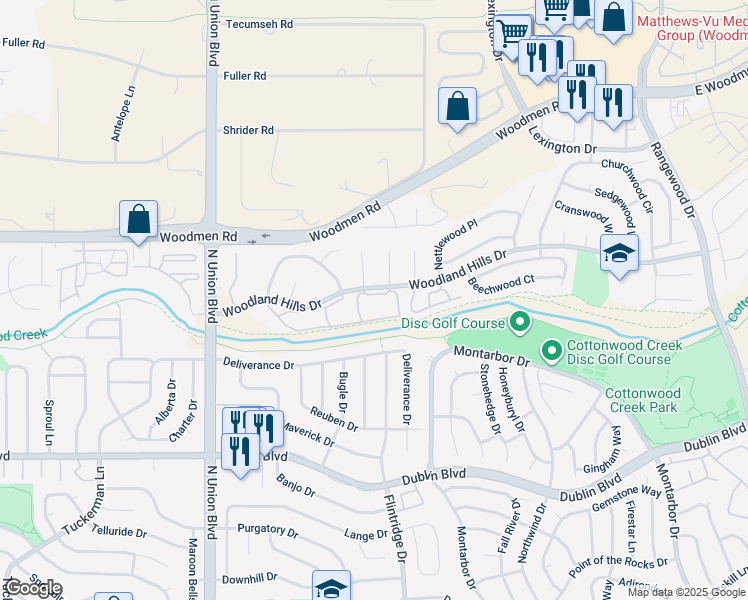 map of restaurants, bars, coffee shops, grocery stores, and more near 2915 Woodland Hills Drive in Colorado Springs