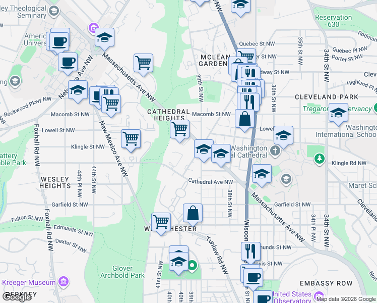 map of restaurants, bars, coffee shops, grocery stores, and more near 4000 Massachusetts Avenue Northwest in Washington