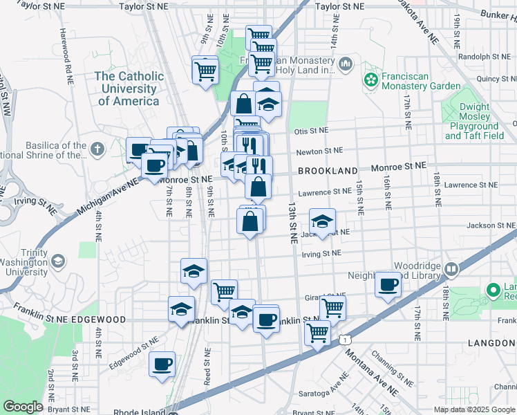 map of restaurants, bars, coffee shops, grocery stores, and more near 3311 12th Street Northeast in Washington