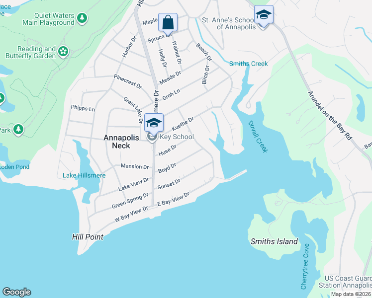 map of restaurants, bars, coffee shops, grocery stores, and more near 117 Huse Drive in Annapolis