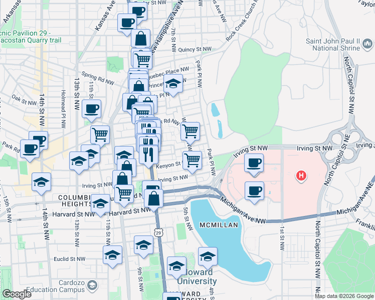 map of restaurants, bars, coffee shops, grocery stores, and more near 3230 Warder Street Northwest in Washington