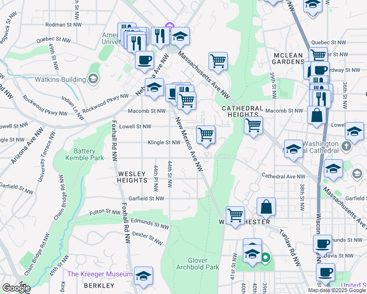 map of restaurants, bars, coffee shops, grocery stores, and more near 4314 Klingle Street Northwest in Washington