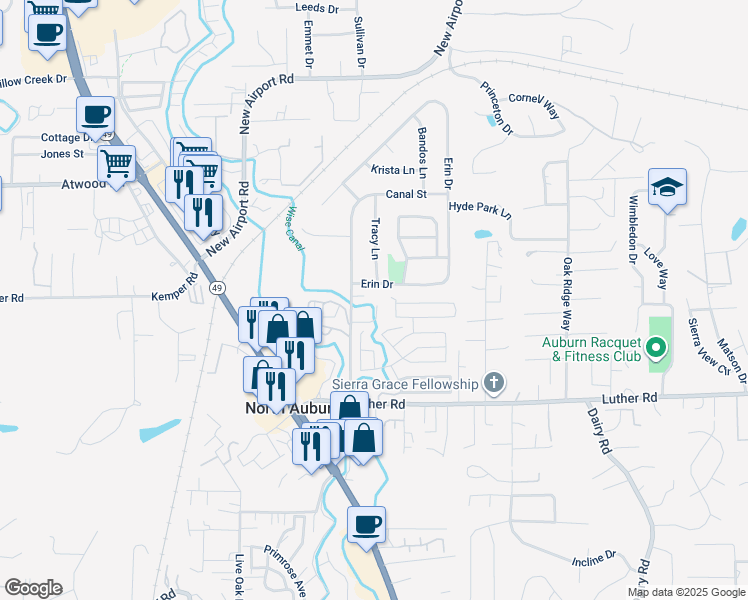 map of restaurants, bars, coffee shops, grocery stores, and more near 12341 Shaunsetta Court in Auburn