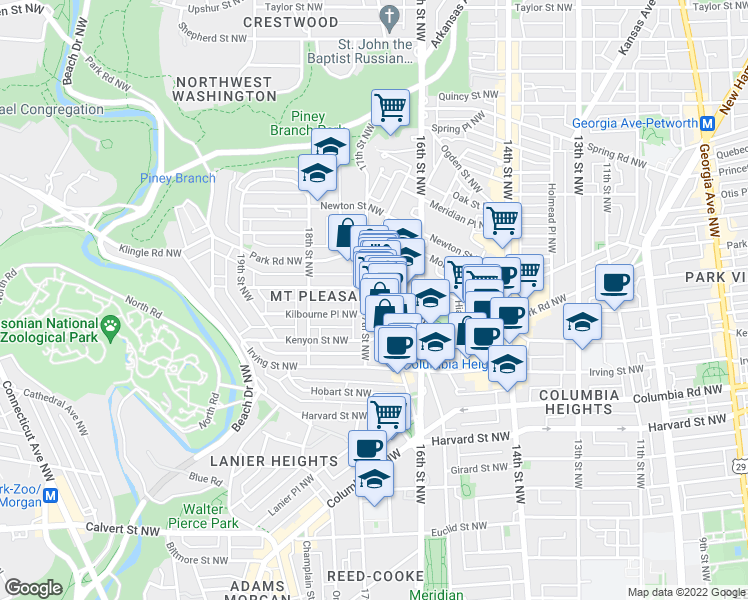 map of restaurants, bars, coffee shops, grocery stores, and more near 3182 Mount Pleasant Street Northwest in Washington