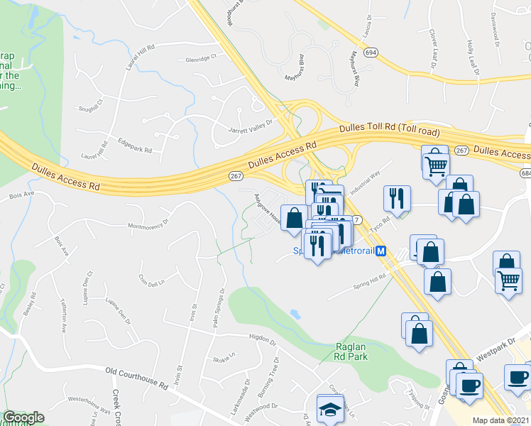 map of restaurants, bars, coffee shops, grocery stores, and more near 1601 Leeds Castle Drive in Vienna