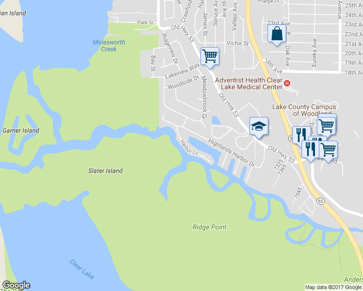 map of restaurants, bars, coffee shops, grocery stores, and more near 15147 Harbor Lane in Clearlake