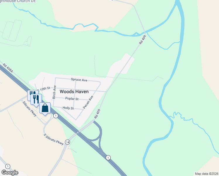 map of restaurants, bars, coffee shops, grocery stores, and more near 429 Road 409 in Milford