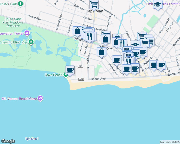 map of restaurants, bars, coffee shops, grocery stores, and more near 11 South Broadway in Cape May