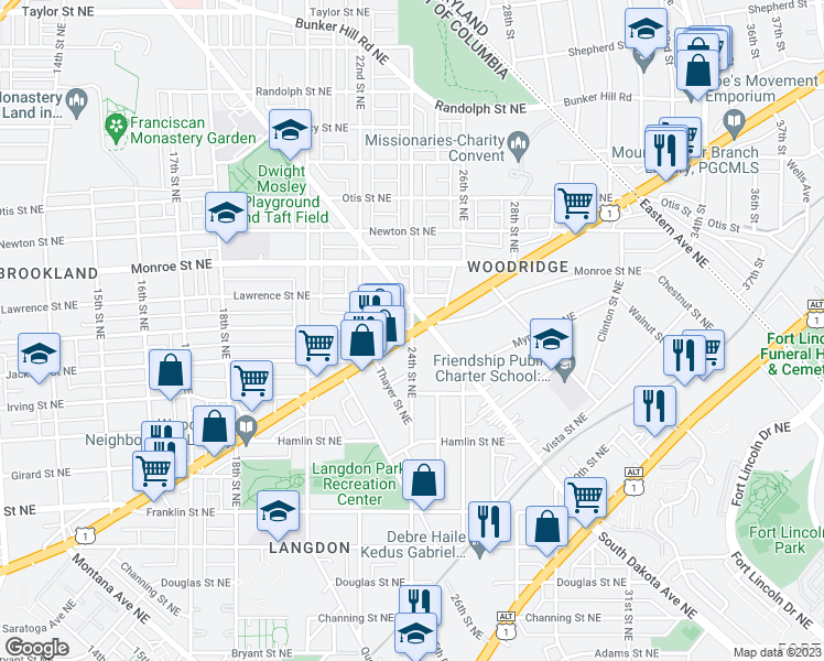 map of restaurants, bars, coffee shops, grocery stores, and more near 24th Street Northeast in Washington