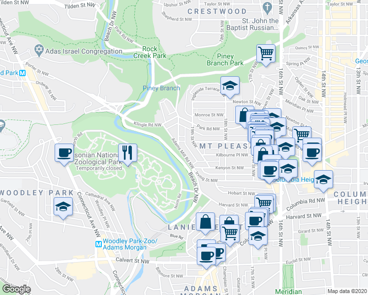 map of restaurants, bars, coffee shops, grocery stores, and more near 3157 Adams Mill Road Northwest in Washington