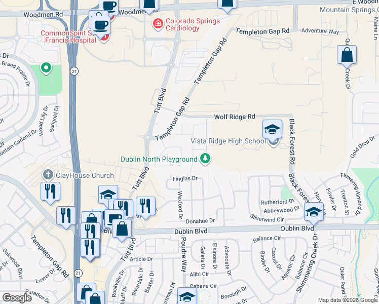 map of restaurants, bars, coffee shops, grocery stores, and more near 6788 Edmondstown Drive in Colorado Springs