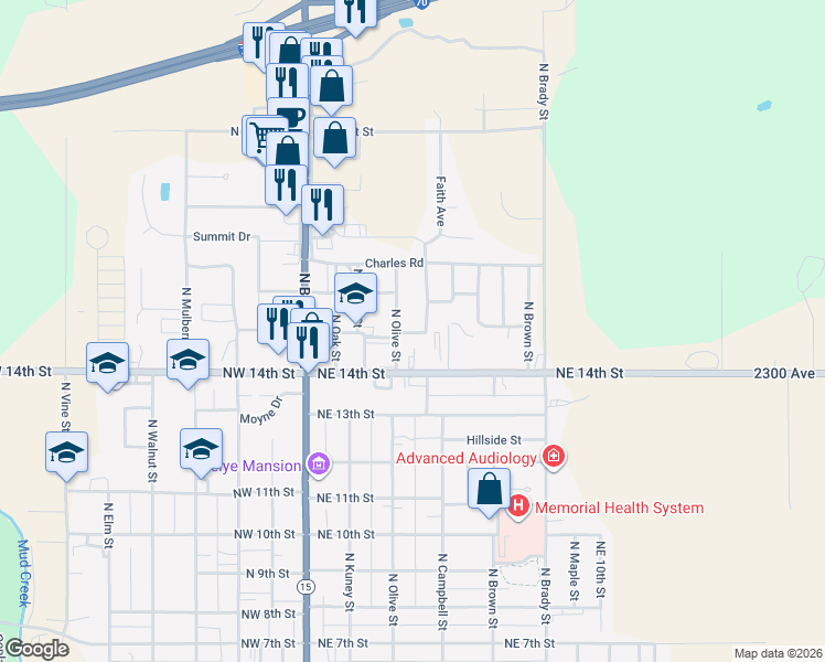 map of restaurants, bars, coffee shops, grocery stores, and more near 402 Northeast 15th Street in Abilene