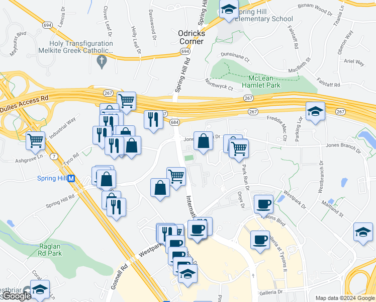 map of restaurants, bars, coffee shops, grocery stores, and more near Lincoln Lane in McLean