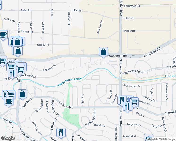 map of restaurants, bars, coffee shops, grocery stores, and more near 6834 Los Reyes Circle in Colorado Springs