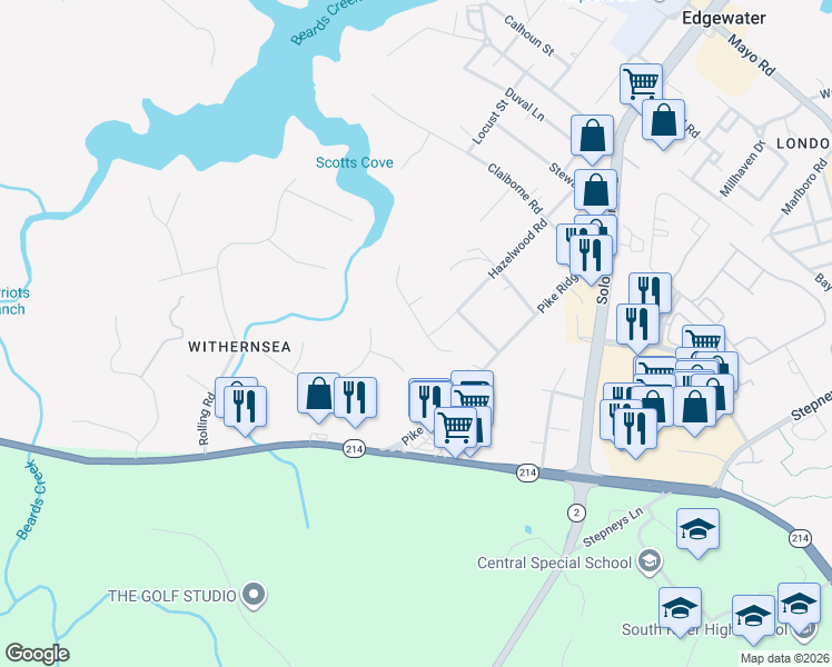 map of restaurants, bars, coffee shops, grocery stores, and more near 15 Austin Drive in Edgewater