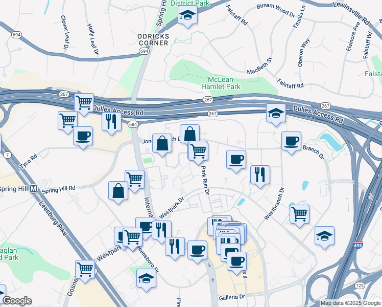 map of restaurants, bars, coffee shops, grocery stores, and more near 1507 Lincoln Way in McLean