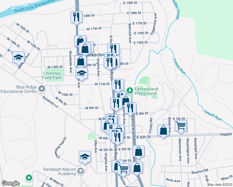 map of restaurants, bars, coffee shops, grocery stores, and more near 929 North Royal Avenue in Front Royal