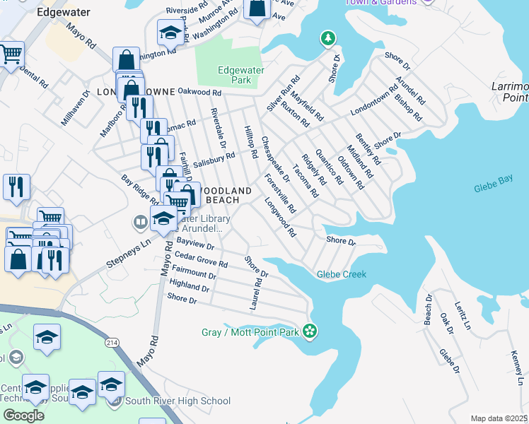 map of restaurants, bars, coffee shops, grocery stores, and more near 1713 Shore Drive in Edgewater
