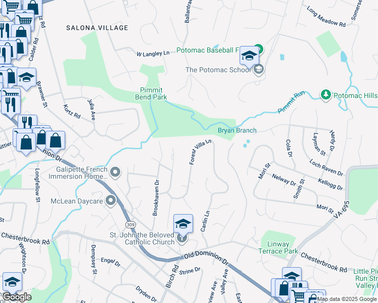 map of restaurants, bars, coffee shops, grocery stores, and more near 1544 Forest Villa Lane in McLean