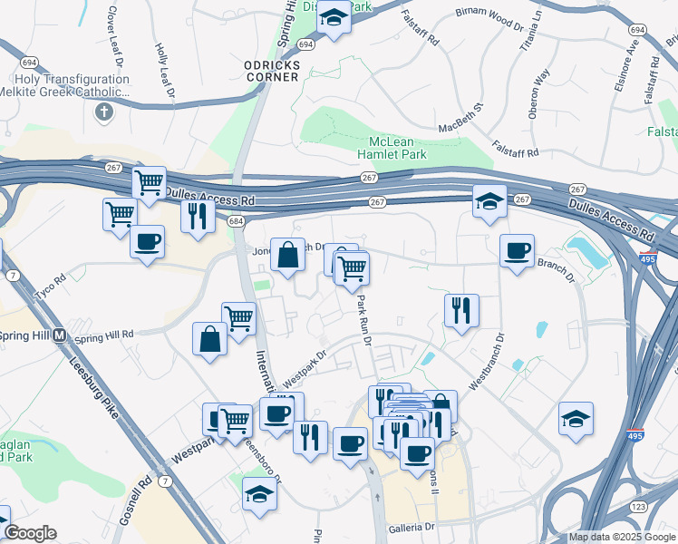 map of restaurants, bars, coffee shops, grocery stores, and more near 1507 Lincoln Way in McLean