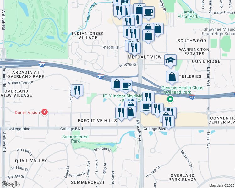 map of restaurants, bars, coffee shops, grocery stores, and more near 7300 West 110th Street in Overland Park