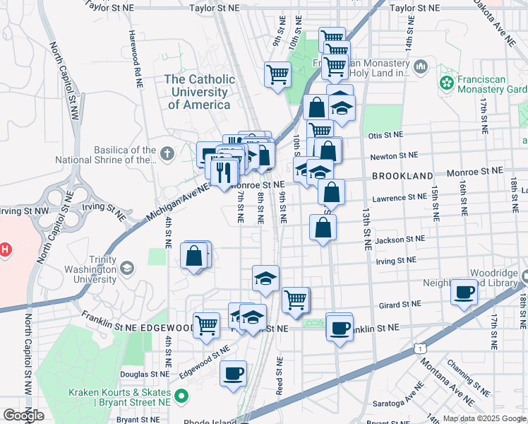 map of restaurants, bars, coffee shops, grocery stores, and more near 3319 8th Street Northeast in Washington